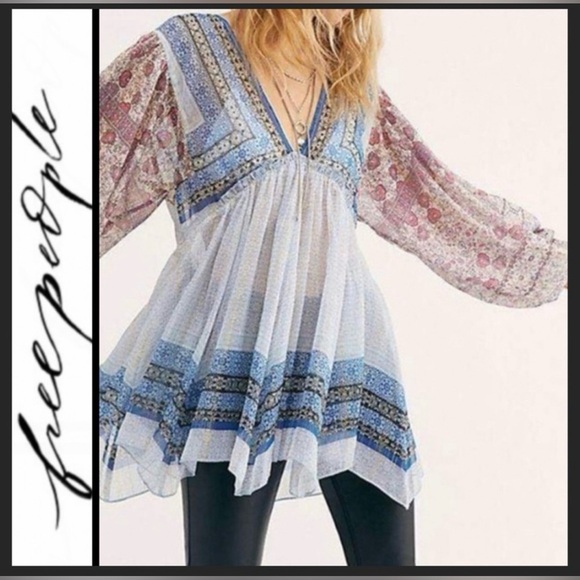 Free People Aliyah Boho Sheer Balloon Sleeve V Neck Shirt Womens Small - Picture 11 of 11